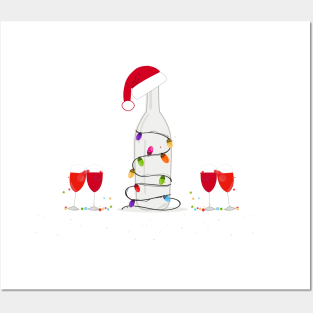 Christmas champagne bottle with colorful light bulb and Santa Claus hat. Wine glass and cocktail party Posters and Art
